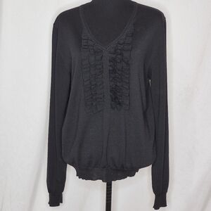 Burberry V-Neck Long Sleeve Wool Silk Blend Ruffled Front Sweater - Size L
